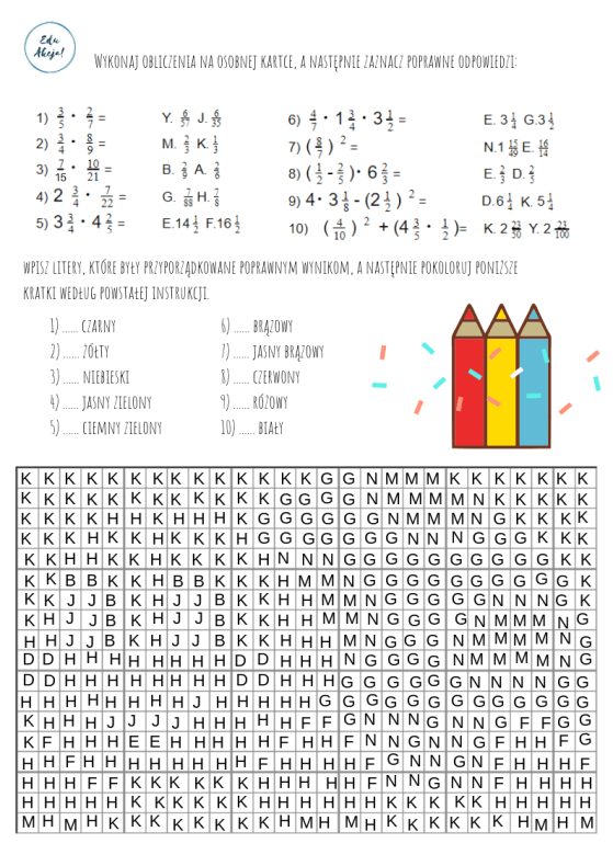 Mnożenie ułamków zwykłych - karta pracy